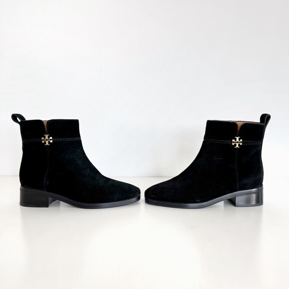 NEW Tory Burch Everly Suede Booties Gold Logo Black Ankle Boots - Picture 3 of 8
